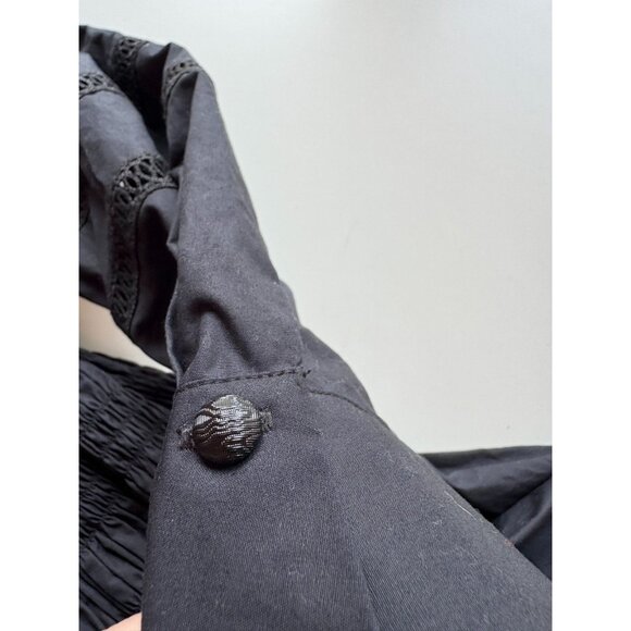 SELF PORTRAIT Black One Shoulder Cotton Poplin Ruched Crochet Trim Dress, Size 0 - Picture 7 of 11
